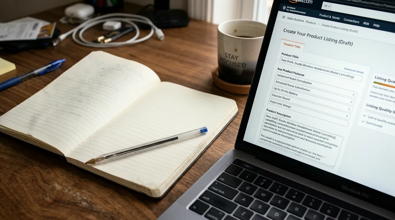 2-Amazon SEO keyword notes and messy copywriting planning workspace
